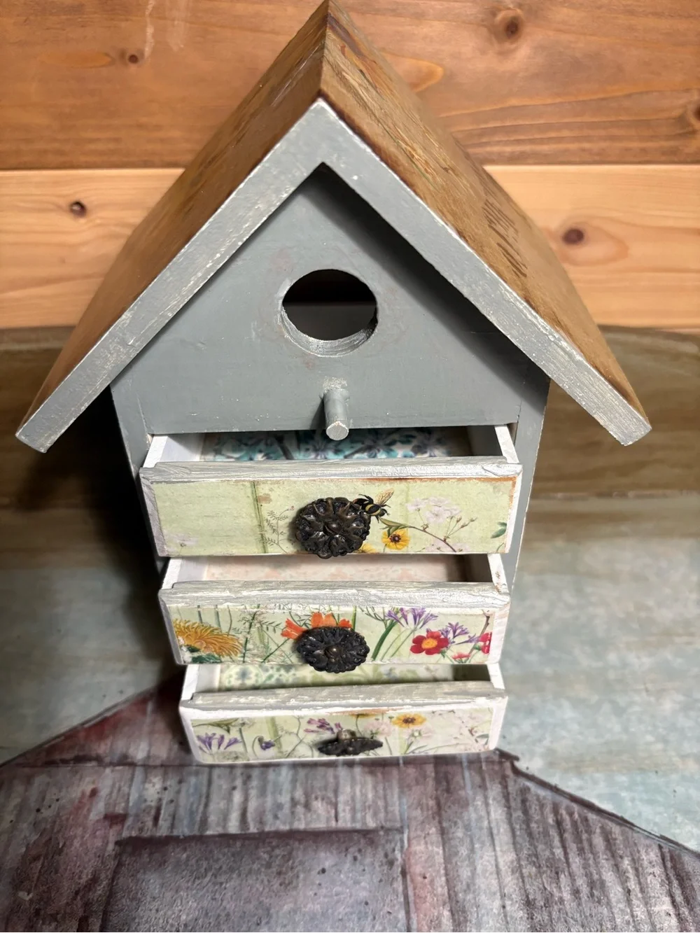 Sage green Wooden Birdhouse-Style Mini Jewelry Box with Floral Drawers